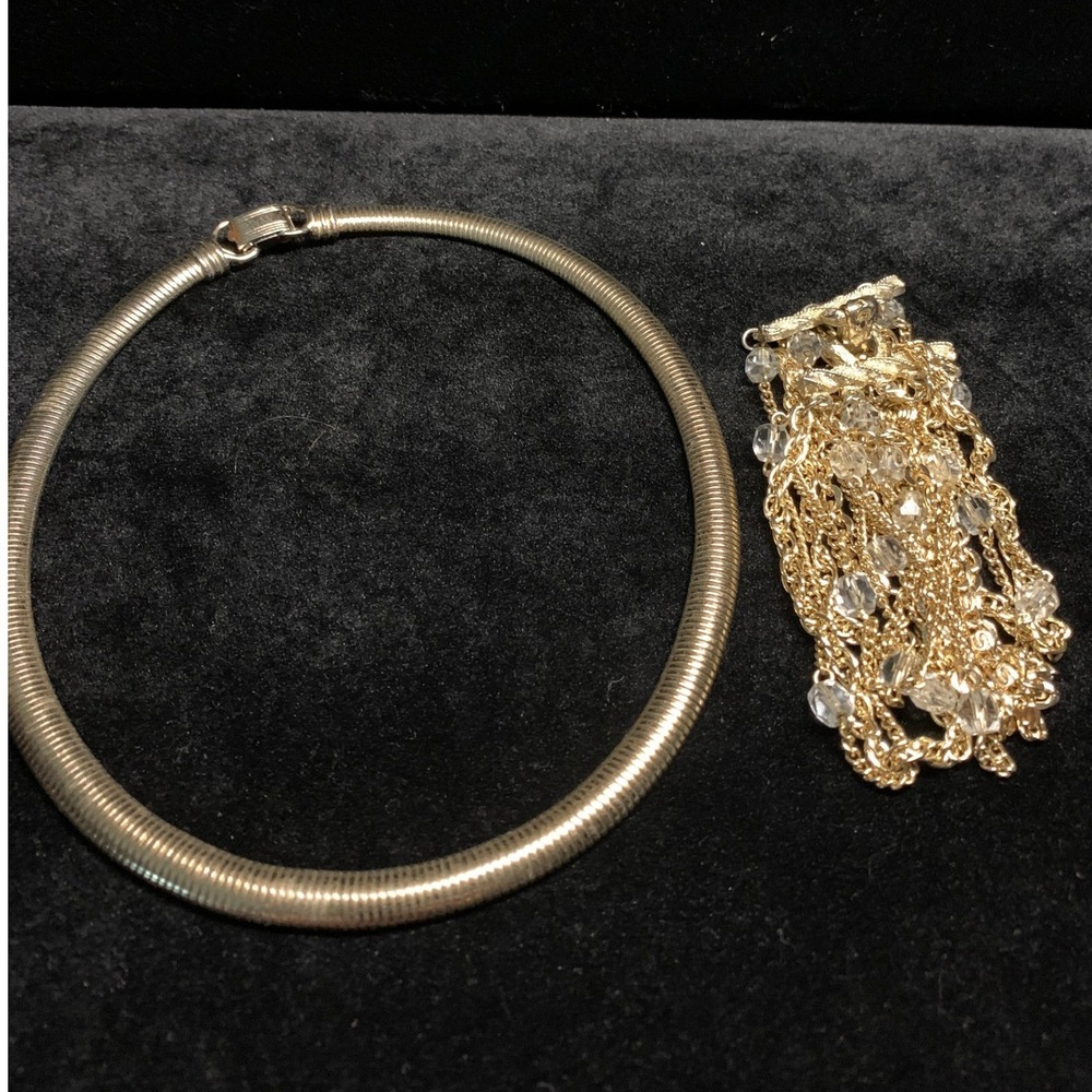 Vintage Coro Gold Tone Omega Choker Necklace and Crystal Multi Strand Bracelet